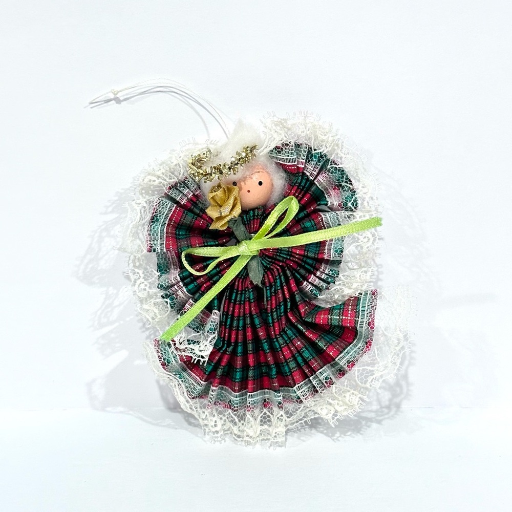 Vintage Plaid Fabric Angel Ornament with Lace Trim